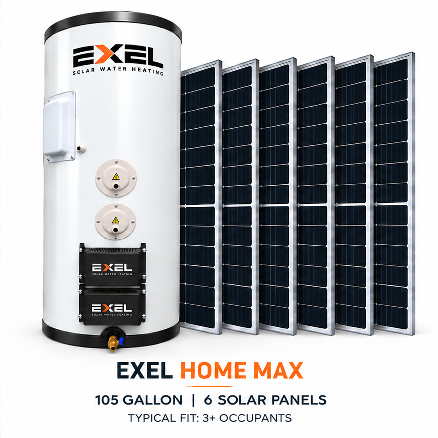 EXEL HOME MAX 105-gallon solar water heating system with six solar panels