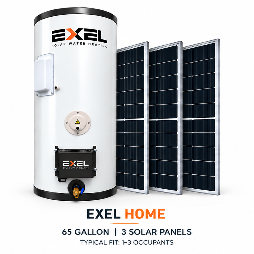 EXEL HOME 65-gallon solar water heating system with three solar panels